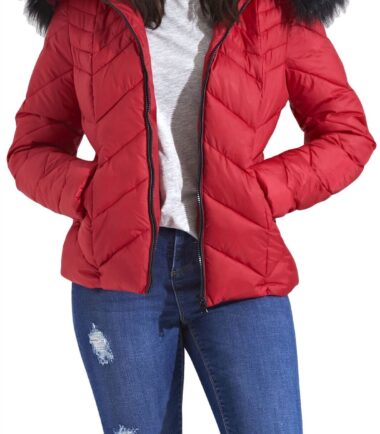 New Womens Chevron Quilted Long Sleeve Puffer Padded Long Fur Hooded Jacket