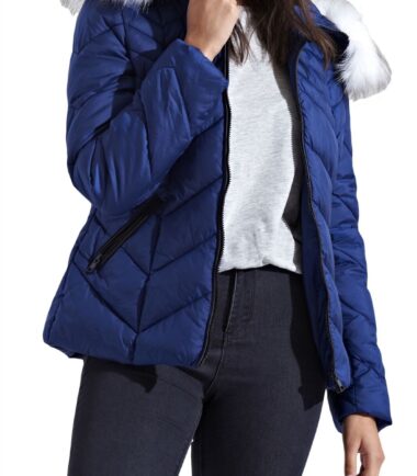 New Womens Chevron Quilted Long Sleeve Puffer Padded Long Fur Hooded Jacket