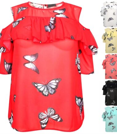New Womens Plus Size Butterfly Chiffon Short Sleeve Cold Shoulder Blouse Top
