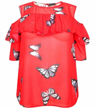 New Womens Plus Size Butterfly Chiffon Short Sleeve Cold Shoulder Blouse Top