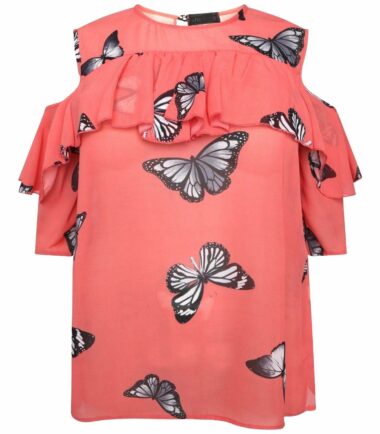 New Womens Plus Size Butterfly Chiffon Short Sleeve Cold Shoulder Blouse Top