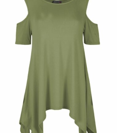 Womens Plain Sleeve Cold Shoulder Round Neck Long Hanky Hem Baggy Top UK 8-26