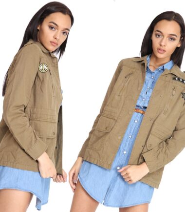 New Womens Cotton Plain Badged Fashion Army Jacket Coat Duffel