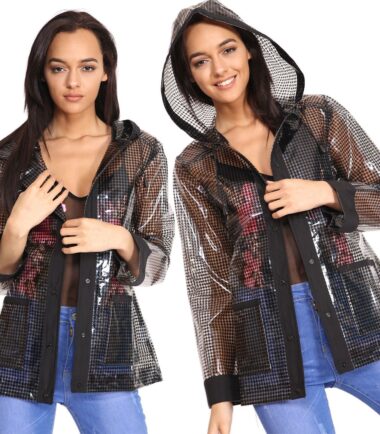 New Womens Transparent Houndstooth Lightweight Festival Rain Jacket Mac Coat
