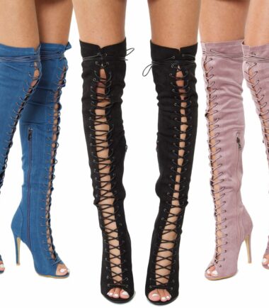 New Womens Front Lace Thigh High Stretch Stiletto Heel Boots