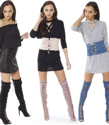 New Womens Front Lace Thigh High Stretch Stiletto Heel Boots