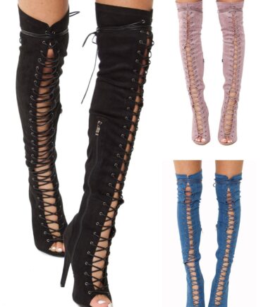 New Womens Front Lace Thigh High Stretch Stiletto Heel Boots