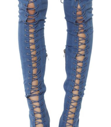 New Womens Front Lace Thigh High Stretch Stiletto Heel Boots