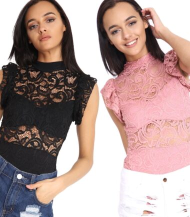 Womens Ladies Lace Party Body Top Bodysuit Pink Black