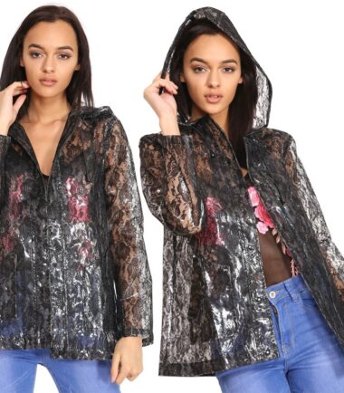 New Womens Hooded Floral Lace Patterned Light Rain Mac Jacket