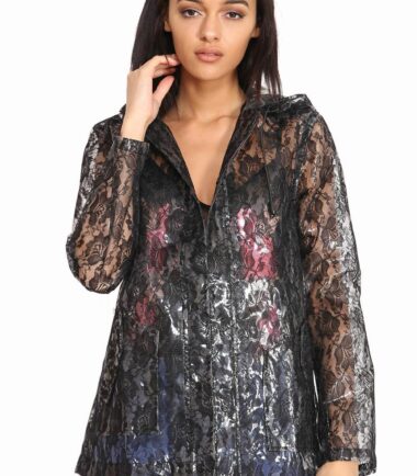 New Womens Hooded Floral Lace Patterned Light Rain Mac Jacket