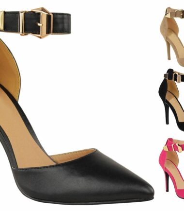 New Womens Buckled Ankle Strap Stiletto Heel Pointed Toe Suede-PU Court Shoes