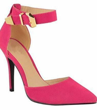 New Womens Buckled Ankle Strap Stiletto Heel Pointed Toe Suede-PU Court Shoes