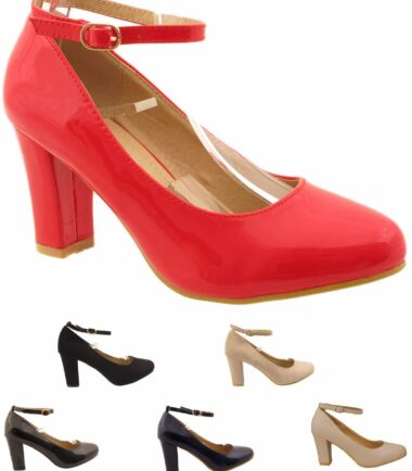 New Womens High Gloss Mid Size Block Heel Buckled Ankle Strap Shoes