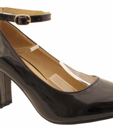New Womens High Gloss Mid Size Block Heel Buckled Ankle Strap Shoes