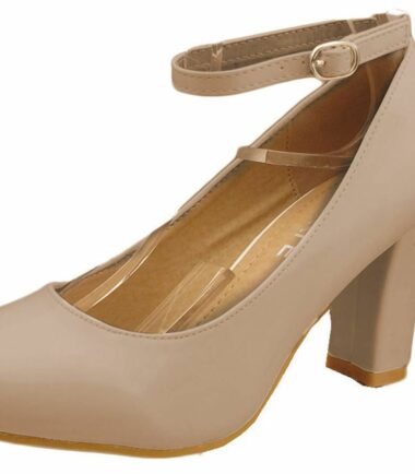 New Womens High Gloss Mid Size Block Heel Buckled Ankle Strap Shoes