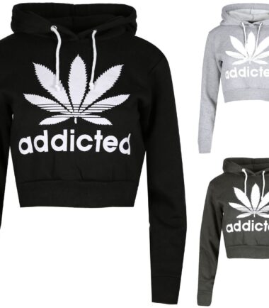 New Womens Cropped Addicted Hoody Sweat Top Sports Casual Hoodie
