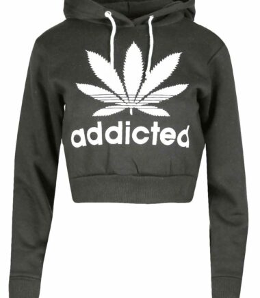 New Womens Cropped Addicted Hoody Sweat Top Sports Casual Hoodie