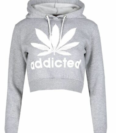 New Womens Cropped Addicted Hoody Sweat Top Sports Casual Hoodie