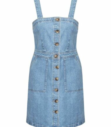 Shelikes Women Denim Blue Button Up Vintage Wash Stretch Pinafore Dungaree Dress