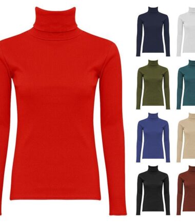 Womens Girls Plain Long Sleeves Polo Turtle Neck Stretchy Slim T-Shirt Top