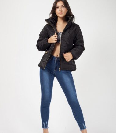 Womens Faux Fur Lining Padded Collar Quilted Zip Up Pockets Jacket Winter Coat