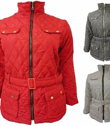 Womens Padded Belted With Pockets Quilted Collar Plus Size Winter Jacket Coat