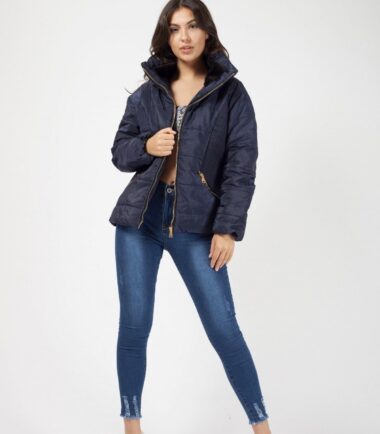 Womens Faux Fur Lining Padded Collar Quilted Zip Up Pockets Jacket Winter Coat