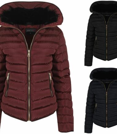 Womens Quilted Padded Navy Black Wine With Zip Hood Fall Winter Jacket Coat