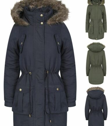 Womens Brave Soul Plain Trimmed Parka Faux Fur Hooded Winter Jacket Long Coat