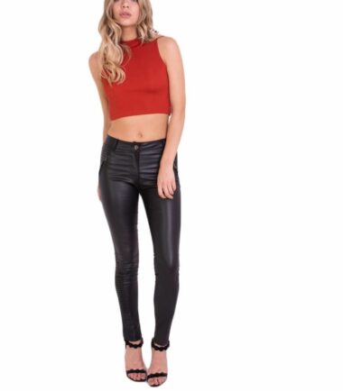 Womens Wet High Black Jeans Trousers Look Skinny Pocket Fit Detail Leather