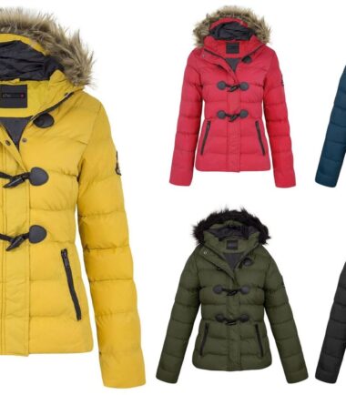 New Womens Quilted Padded Faux Fur Hooded Toggle Long Sleeve Zipped Jacket Coat