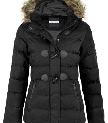 New Womens Quilted Padded Faux Fur Hooded Toggle Long Sleeve Zipped Jacket Coat