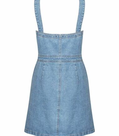 Shelikes Women Denim Blue Button Up Vintage Wash Stretch Pinafore Dungaree Dress