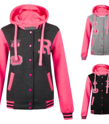 Womens Ladies Varsity College Baseball Hoodie Neon Sleeve Button Up Jacket Top