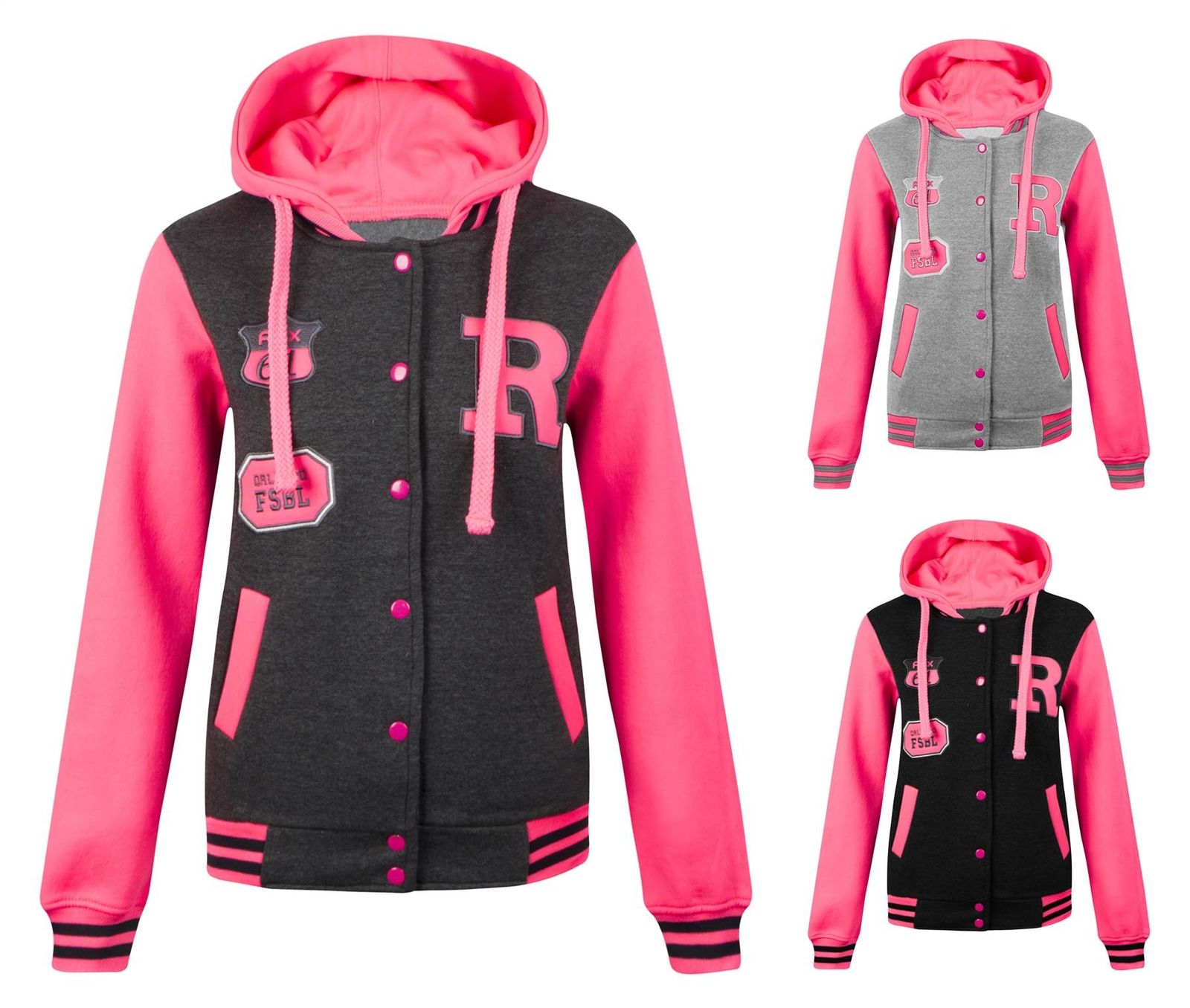 Womens-Ladies-Varsity-College-Baseball-Hoodie-Neon-Sleeve-Button-Up-Jacket-Top Womens Ladies Varsity College Baseball Hoodie Neon Sleeve Button Up Jacket Top