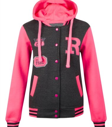 Womens-Ladies-Varsity-College-Baseball-Hoodie-Neon-Sleeve-Button-Up-Jacket-Top Womens Ladies Varsity College Baseball Hoodie Neon Sleeve Button Up Jacket Top