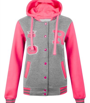 Womens-Ladies-Varsity-College-Baseball-Hoodie-Neon-Sleeve-Button-Up-Jacket-Top Womens Ladies Varsity College Baseball Hoodie Neon Sleeve Button Up Jacket Top