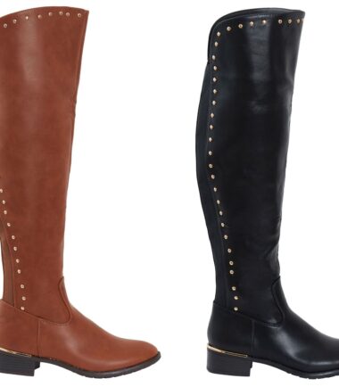 Womens Ladies Over The Knee Stud Detail Gold Flat Block Heel Boots Party Shoes