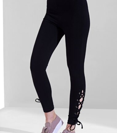 Womens Trouser Ladies Lace Up Eyelet Black Comfort Stretch Fitted Leggings