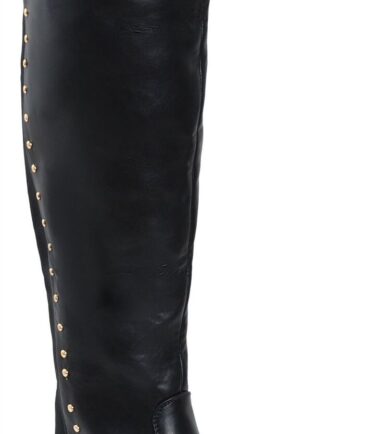 Womens Ladies Over The Knee Stud Detail Gold Flat Block Heel Boots Party Shoes