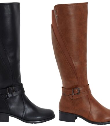 Womens Ladies Zip Up Buckle Knee Length High Flat Block Low Heel Boots Shoes UK