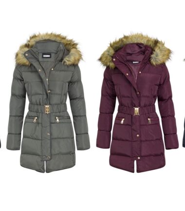 New Womens Parka Coat Jacket Fur Hood Side Ruched Long Polyester Fashion Coat