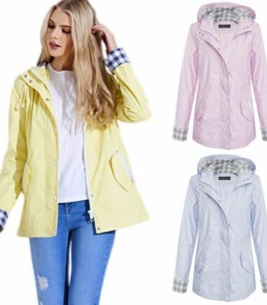 Womens Ladies Shower Proof Contrast Check Girls Rain Mac Pastel Jacket Coat