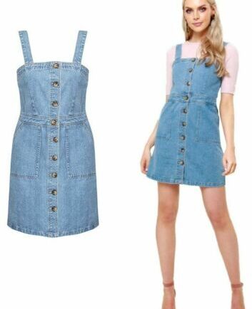Shelikes Women Denim Blue Button Up Vintage Wash Stretch Pinafore Dungaree Dress