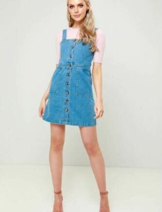 Shelikes Women Denim Blue Button Up Vintage Wash Stretch Pinafore Dungaree Dress