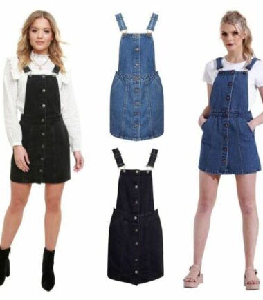 Shelikes Ladies Mid Blue Black Denim Button Up Pinafore Dungaree Dress Skirt